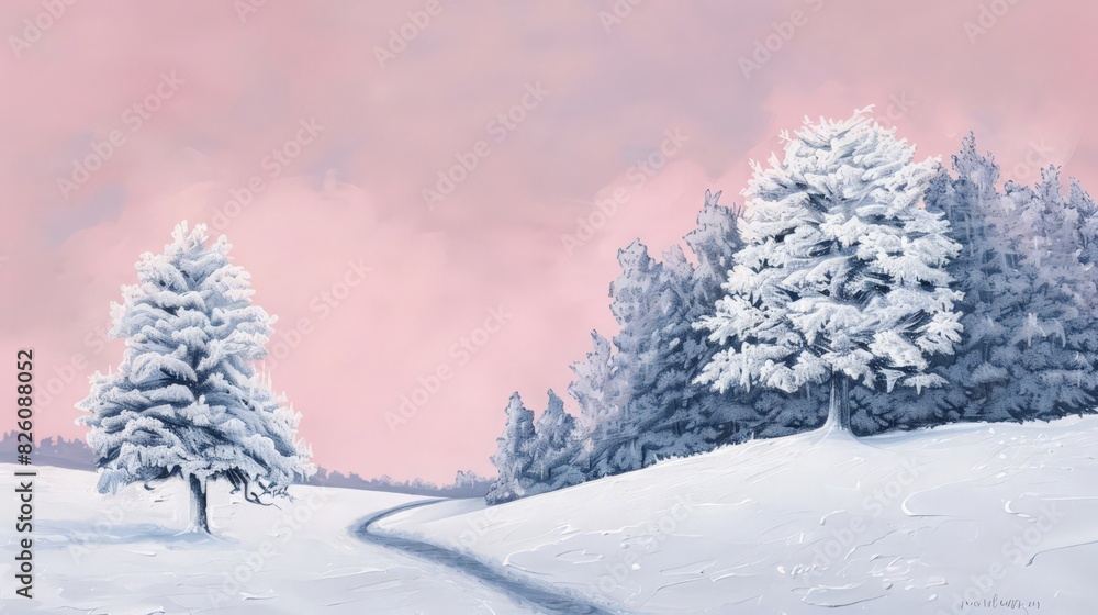 The calm winter scene features two snow-covered trees against a pink sky, with a path winding through the snow