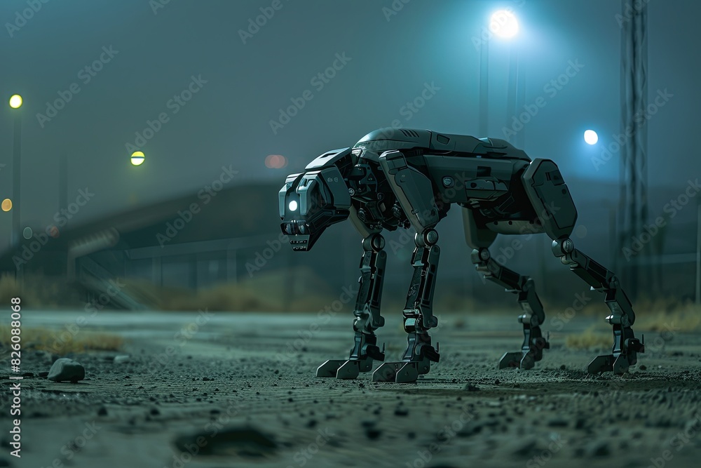 Fototapeta premium A robotic dog is stationary in the center of a road