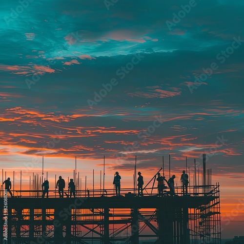 Construction Team at Sunset: Building Foundations photo