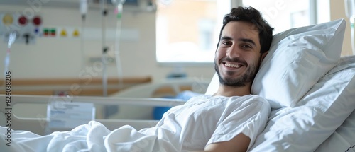 Young man smiles while lying in a hospital bed, recovering post-surgery, symbolizing hope and health care resilience. photo