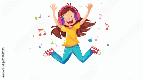 Happy girl in headphones jumping. Kid listening music