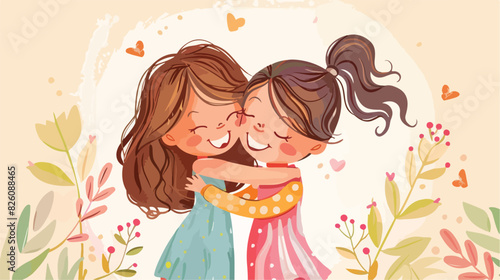Happy girls embracing. Loving sisters. Smiling kids Cartoon