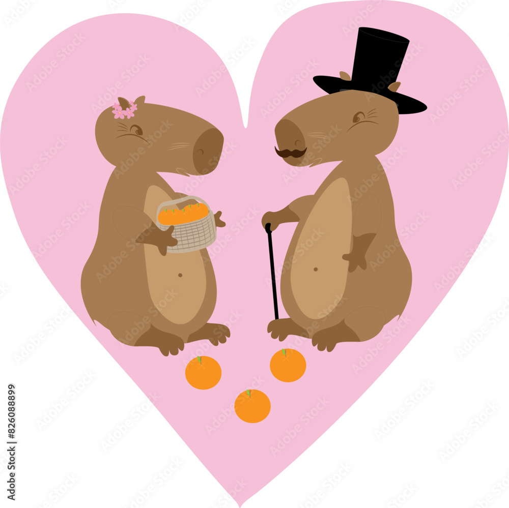A capybara in a hat, with a mustache and a cane, and a capybara in a wreath with a basket of tangerines on a pink heart background. Vector illustration. Capybara Love Day A capybara in a hat, with a mustache and a cane, and a capybara in a wreath with a basket of tangerines on a pink heart background. Vector illustration. Capybara Love Day