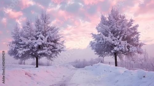 This serene winter landscape showcases two snow-covered trees under a pink sky, with a path winding through the untouched snow © Thirawat