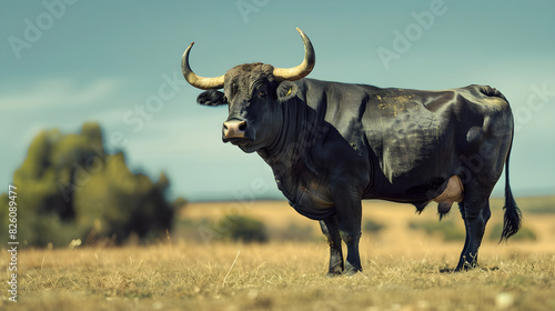 Majestic Bull Standing Dominantly in Open Field With Green Grass and Blue Sky