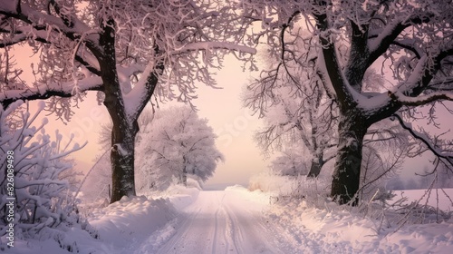 This serene winter landscape showcases two snow-covered trees under a pink sky, with a path winding through the untouched snow