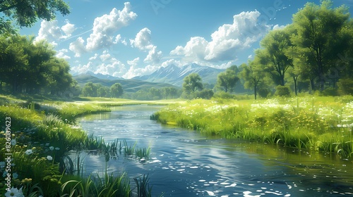 A peaceful green meadow with a gentle stream flowing through it  providing a serene and calming environment