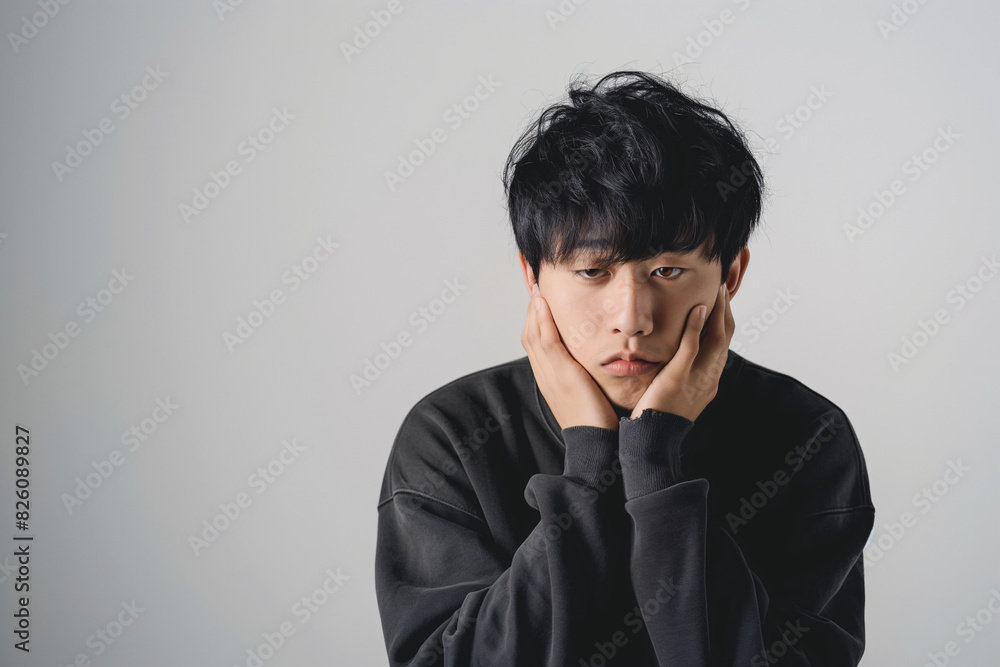 Pensive Young Asian Man in Black Sweater Resting Face in Hands, Deep in Thought Pensive Young Asian Man in Black Sweater Resting Face in Hands, Deep in Thought