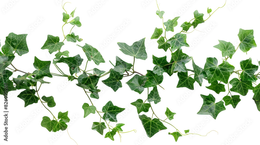 A vine with lush green leaves against a plain white backdrop A vine with lush green leaves against a plain white backdrop