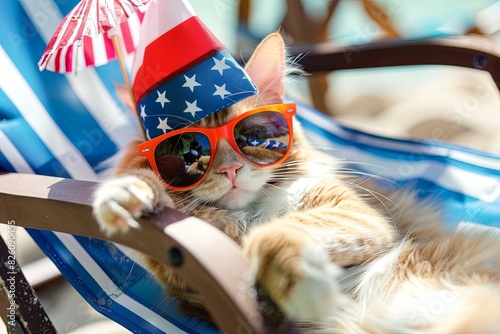 cat wearing oversized sunglasses and an Uncle Sam hat, lounging on a beach chair with a tiny American flag drink umbrella. July 4th United States Independence Day