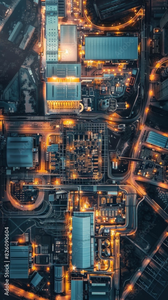 Semiconductor: A top view of a massive semiconductor fabrication plant sprawling over a vast landscape Semiconductor: A top view of a massive semiconductor fabrication plant sprawling over a vast landscape