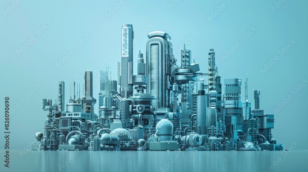 Fototapeta premium Technology: A front view of a futuristic city where buildings are shaped like various tech gadgets