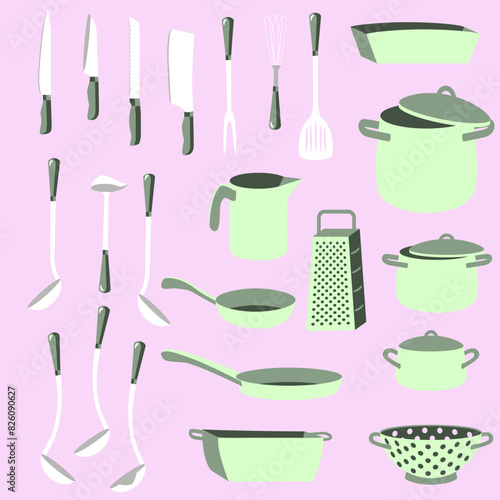 Vector -  cooking utensiles, pot, pan, cutlery set, spoon.