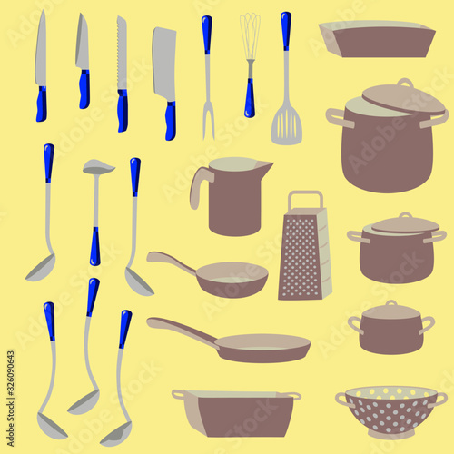 Vector -  cooking utensiles, pot, pan, cutlery set, spoon.
