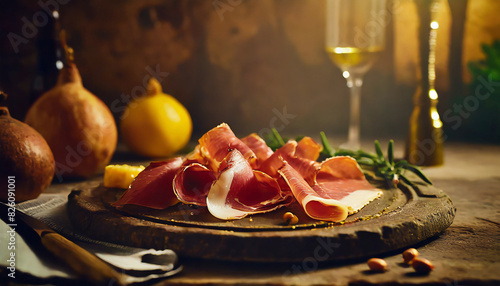 Italian prosciutto crudo or Spanish jamon on plate on kitchen table. Parma ham on white background