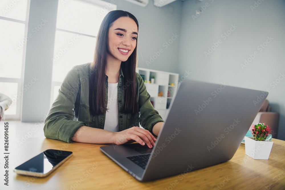 Photo of gorgeous young lady coworking laptop desktop wear shirt spacious modern office home indoors Photo of gorgeous young lady coworking laptop desktop wear shirt spacious modern office home indoors