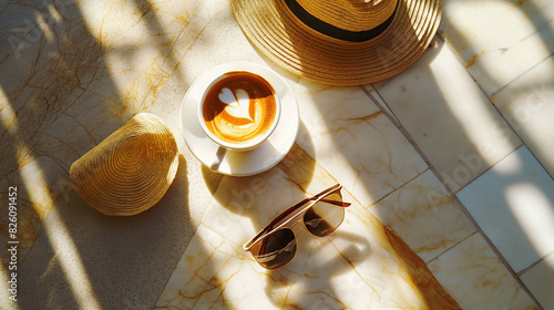 Top-down view of a sunlit table with a cup of coffee, sunglasses, and a hat