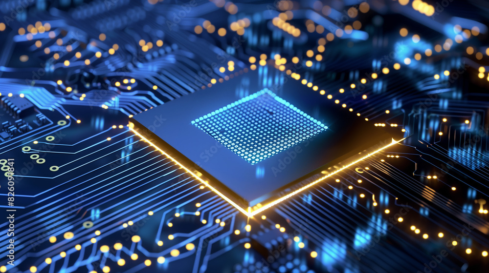 Obraz premium A microchip integrated on motherboard.