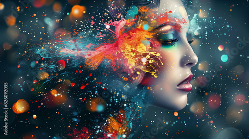 beautiful fantasy abstract portrait of a beautiful woman double exposure with a colorful digital paint splash or space nebula.