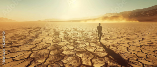 Lone figure standing in a vast desert mirroring an arid planet. photo