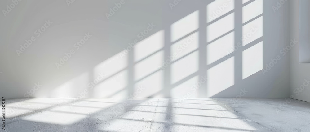 Obraz premium Abstract play of light and shadow on a white wall, from a window grating.