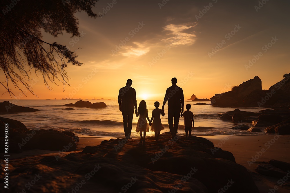 Silhouette of family holding hands and walking on beach at sunset Silhouette of family holding hands and walking on beach at sunset