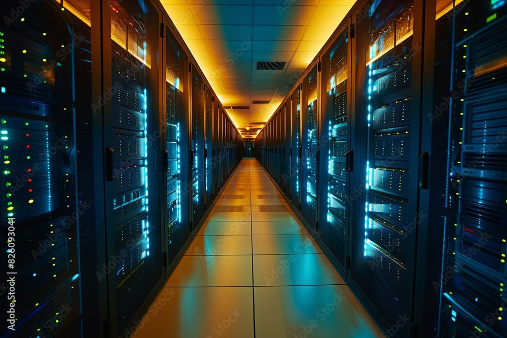 Fototapeta premium A long hallway filled with rows of servers in a secure data center
