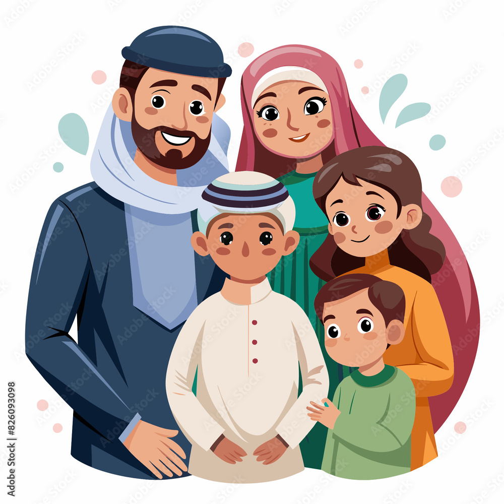 A happy Arab family stands together, smiling warmly. The family consists of a father, mother, and two children, embracing their cultural heritage with traditional clothing and joyful expressions. A happy Arab family stands together, smiling warmly. The family consists of a father, mother, and two children, embracing their cultural heritage with traditional clothing and joyful expressions.