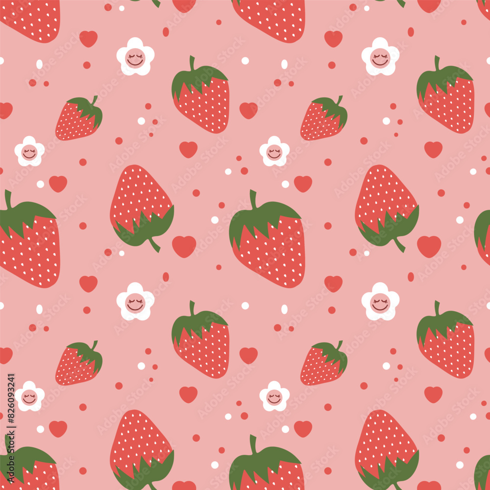 Seamless strawberry pattern with green leaves, flowers, hearts and abstract shapes on a pink background. Vector illustration. Seamless strawberry pattern with green leaves, flowers, hearts and abstract shapes on a pink background. Vector illustration.