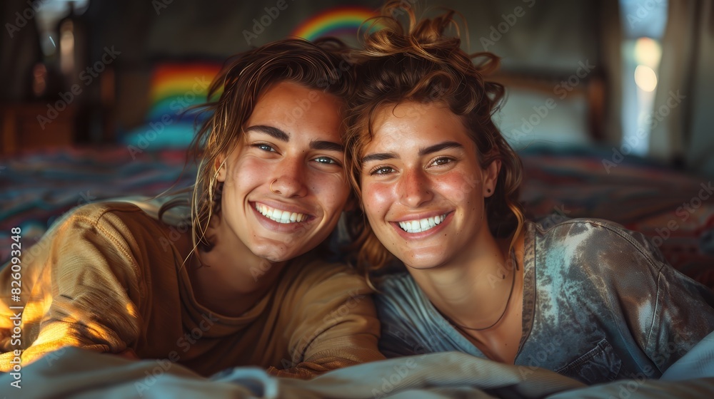 Affectionate Gay Couple Having Breakfast in Bed Together, Embracing Love and Comfort Affectionate Gay Couple Having Breakfast in Bed Together, Embracing Love and Comfort