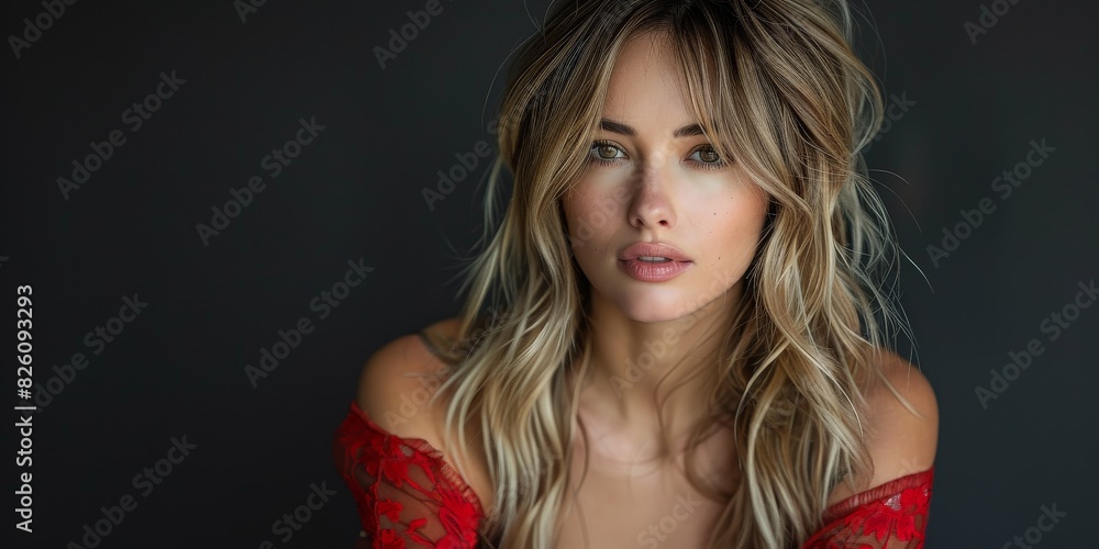 A portrait of a stunning woman with long blonde hair in a red lace top, exuding elegance and style A portrait of a stunning woman with long blonde hair in a red lace top, exuding elegance and style