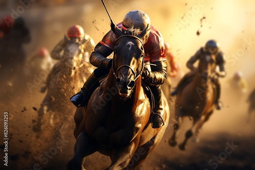 Racing horses in the arena at sunset. Race horses in the arena.