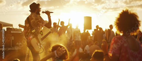 Silhouetted musician electrifies the crowd at sunset, creating an unforgettable live concert moment. photo