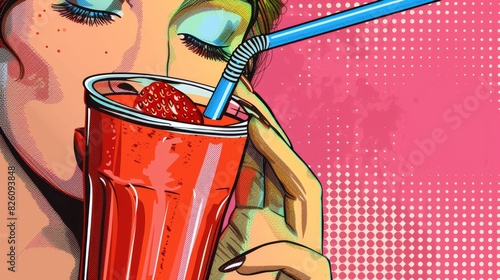 Closeup of someone enjoying a smoothie, straw in action, in pop art comic style photo