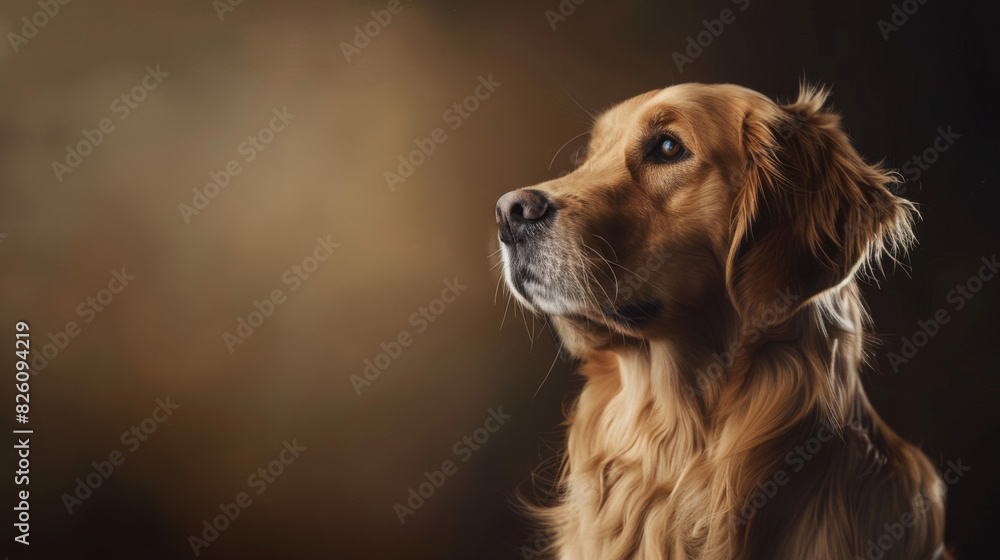 Golden Retriever profile in dramatic lighting against a dark background, showcasing the elegance and beauty of the breed.