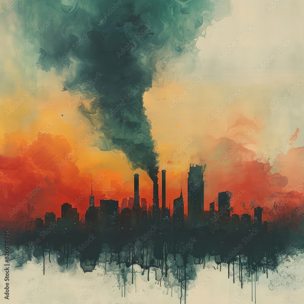 Obraz premium An industrial city skyline cloaked in dense smog, watercolor, muted tones, fauvism, highlighting the impact of pollution and PM 25