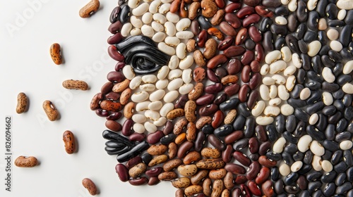 A face with features made from different types of seeds, natural, detailed, white background