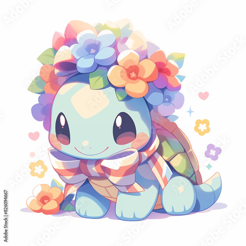 Adorable Flower Crown Turtle With Floral Bow and Pastel Colors