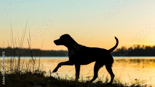 Fastmoving dog silhouette against a serene lake backdrop  emphasizing contrast and movement in a quiet setting