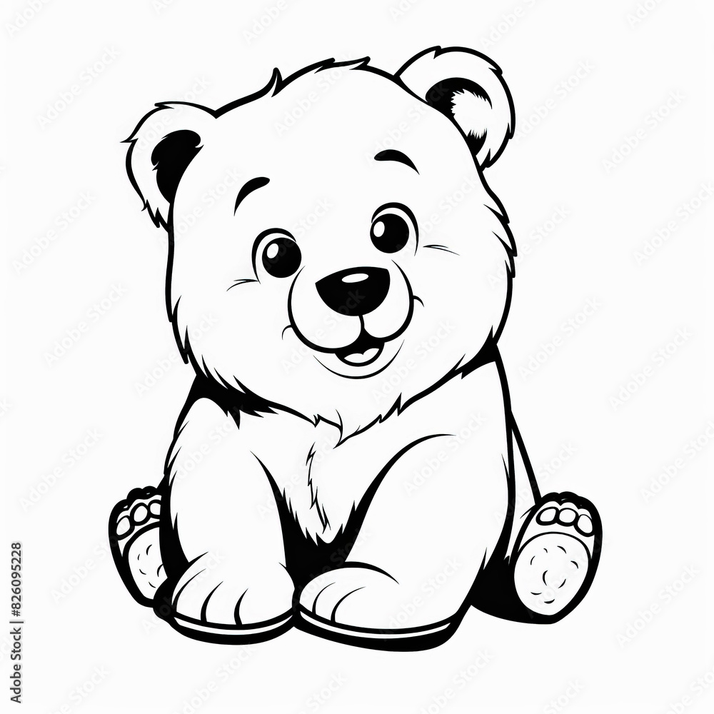 Fototapeta premium Silueta negra dibujada de un adorable osito sentado sonriendo sobre fondo blanco. Concepto cuentos y cuadernos para colorear para niños y adultos