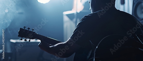 Guitarist strums in solitude on stage, hints of smoke and blue light casting a mystic ambiance.