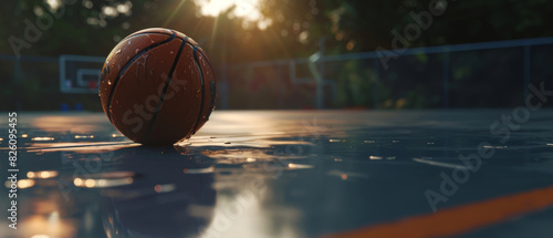 Sunlit basketball on a wet court, awaiting the next play. photo