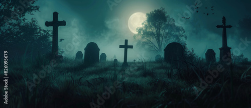 Eerie graveyard under full moon, invoking a sense of gothic mystery.