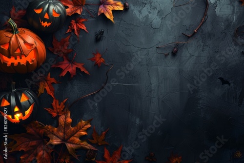 Spooky Halloween Background with Glowing Jack-o'-lanterns and Autumn Leaves