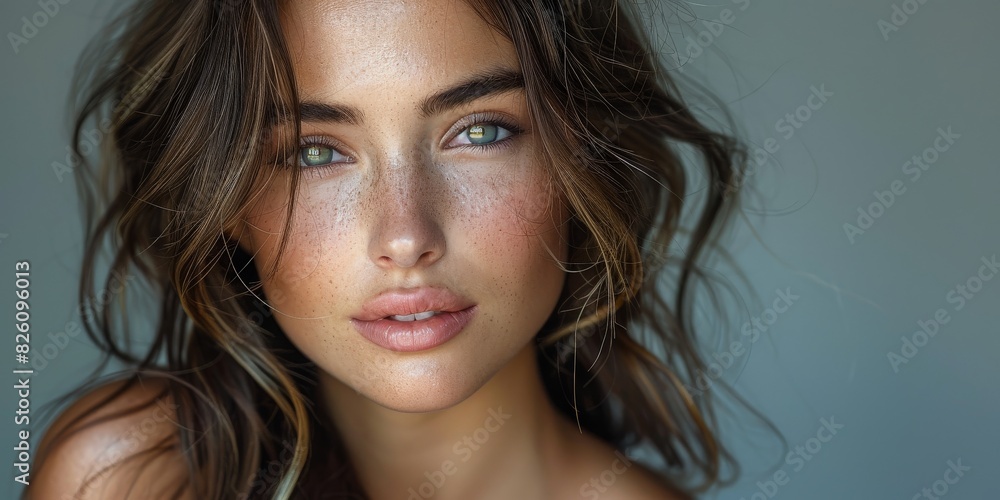 Stunning portrait capturing the beauty of a young woman with freckles and a radiant glow Stunning portrait capturing the beauty of a young woman with freckles and a radiant glow