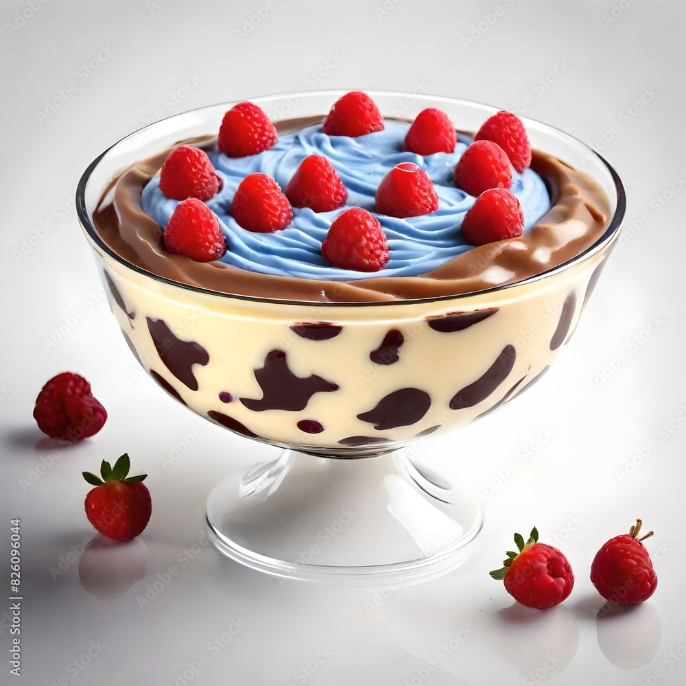 Decorated pudding on display and isolated on a white background Decorated pudding on display and isolated on a white background