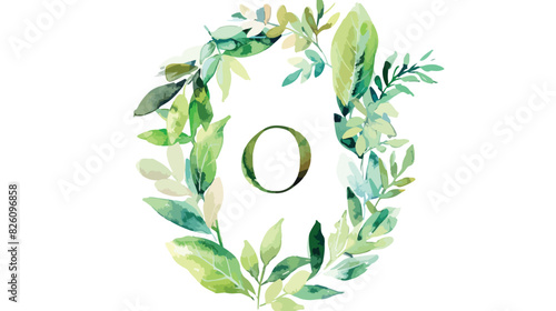 Letter o with watercolor leaves. Floral alphabet mono photo