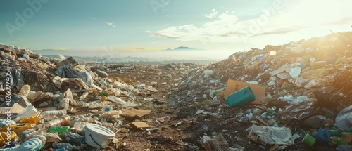 A sprawling landfill under a hazy sky, a stark symbol of urban waste. photo