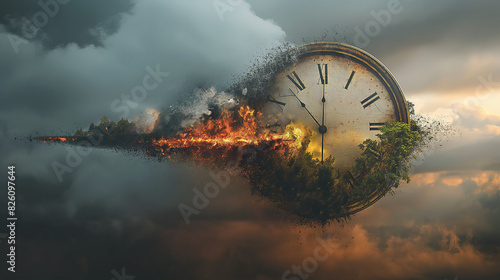 An artistic depiction of a classic clock face cracking and breaking apart, symbolizing the running out of time. The background is minimalistic, keeping the focus on the clock. photo