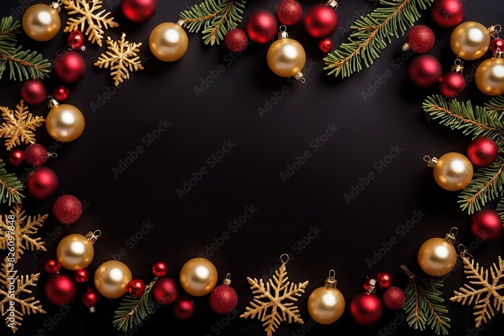 Merry Christmas seasonal holiday frame on dark background with decoration ornamenst and pine tree leaves